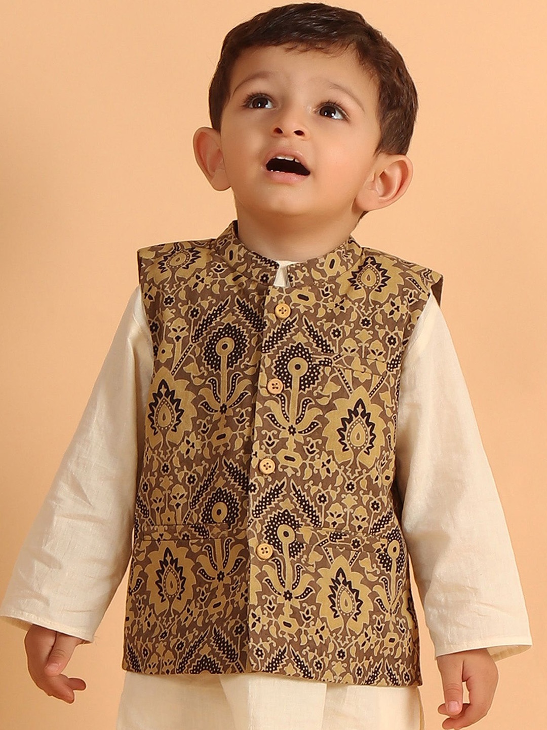 

TJORI Boys Printed Woven Nehru Jacket, Khaki