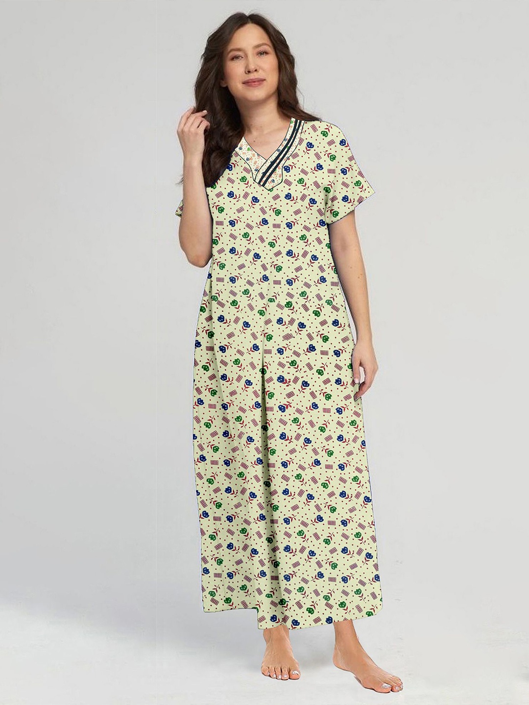 

CAMISON Women Printed V-Neck Pure Cotton Nightdress, Yellow