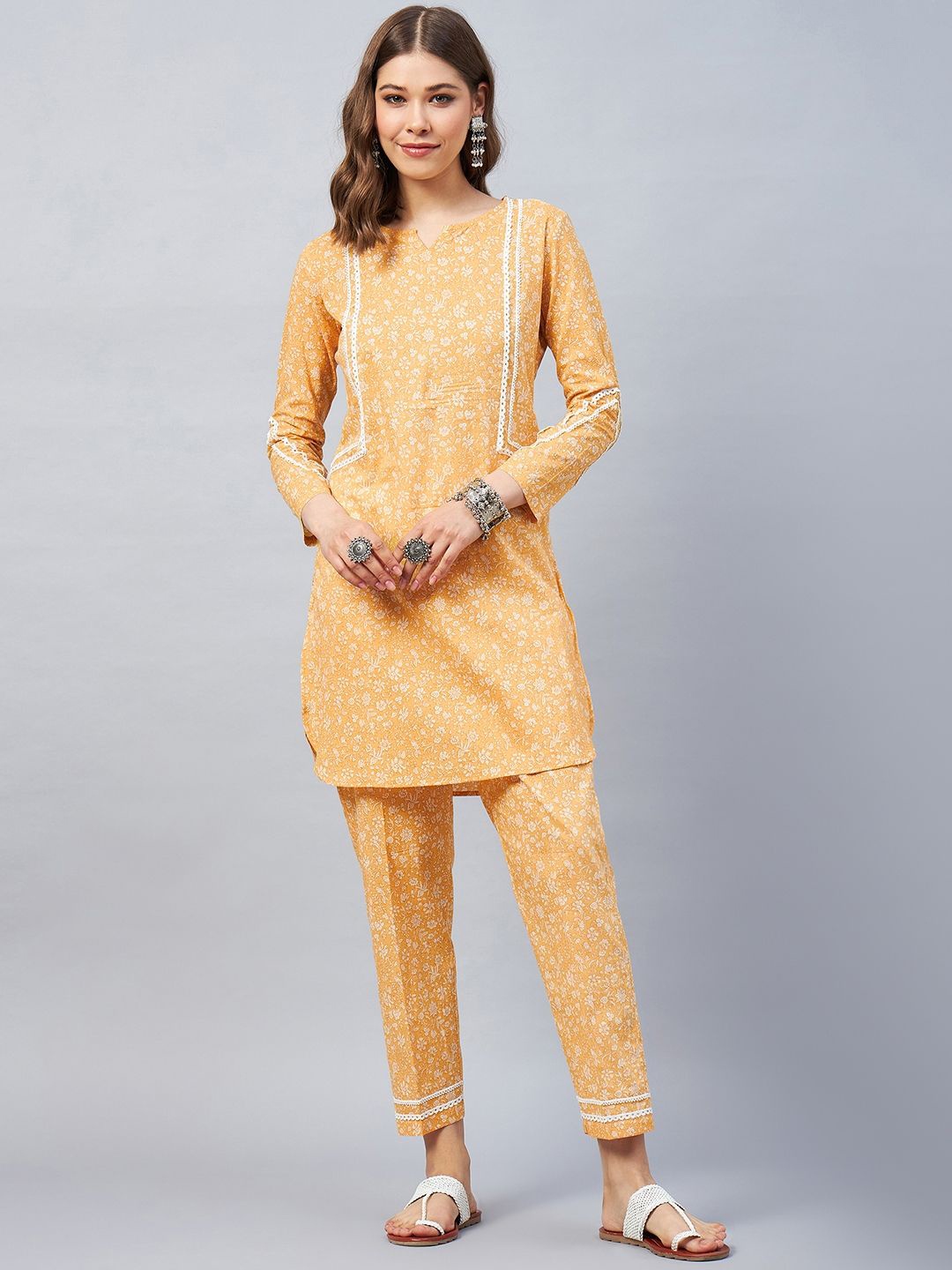 

Orchid Blues Floral Printed Pure Cotton Kurta With Trousers, Yellow