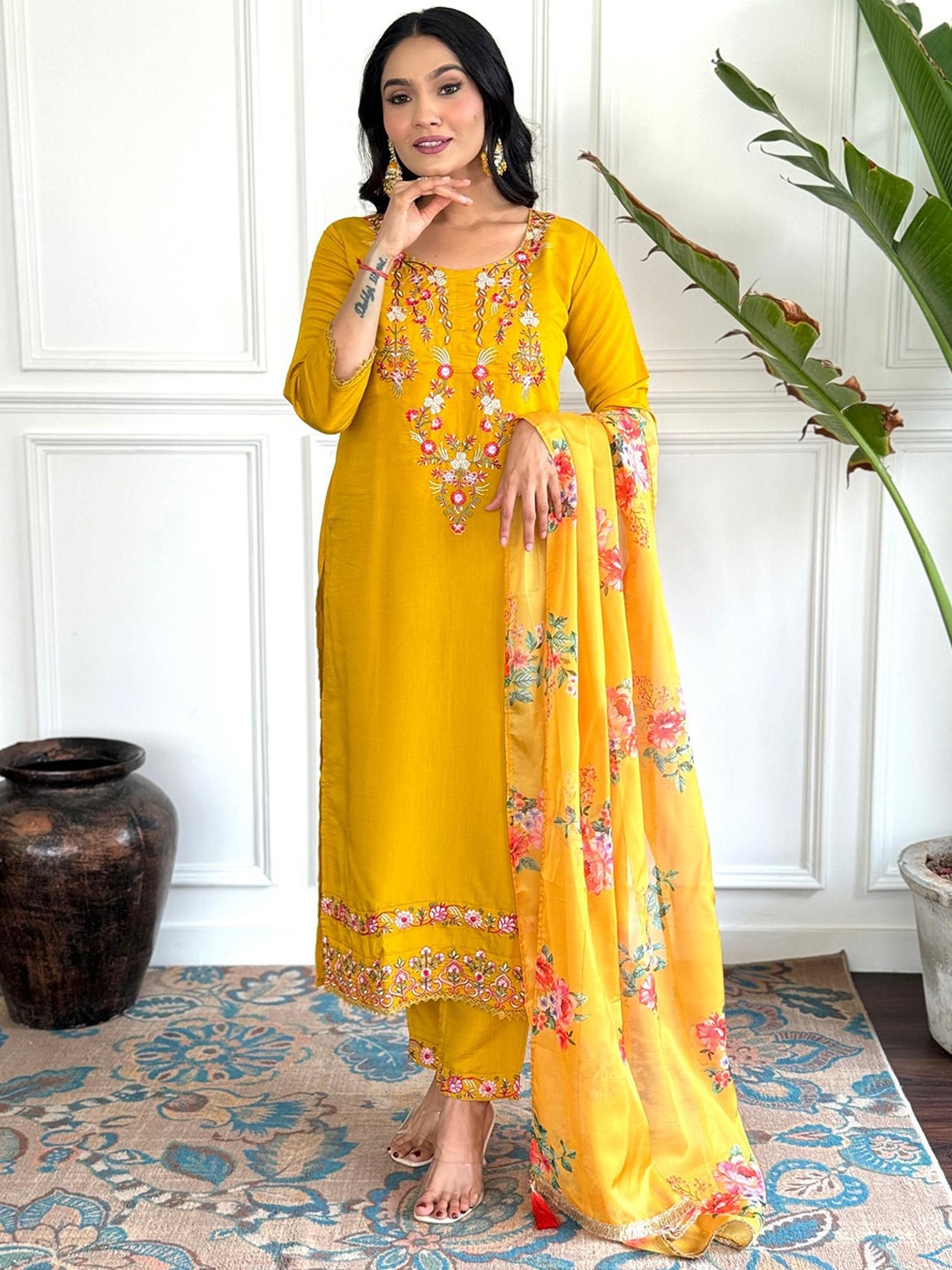 

THE52 Floral Embroidered Thread Work Chanderi Silk Straight Kurta with Trousers & Dupatta, Mustard