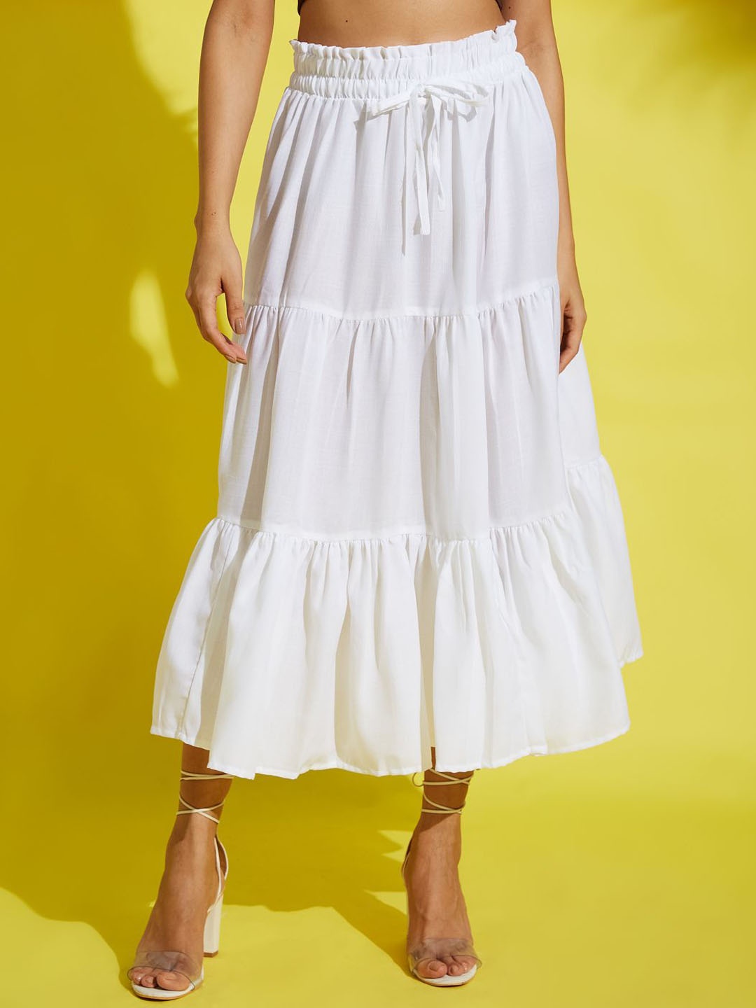 

AAHWAN Women Ruched Tiered Maxi Skirt, White