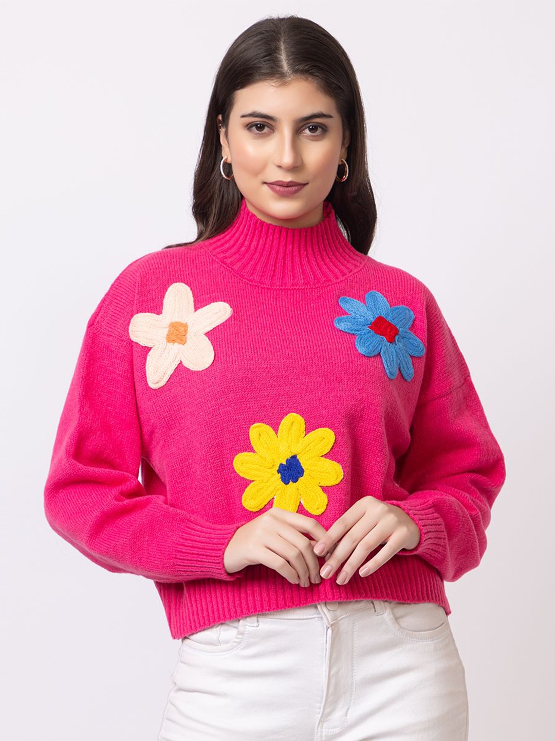 

GFO Women Floral Woollen Pullover with Embroidered Detail, Pink