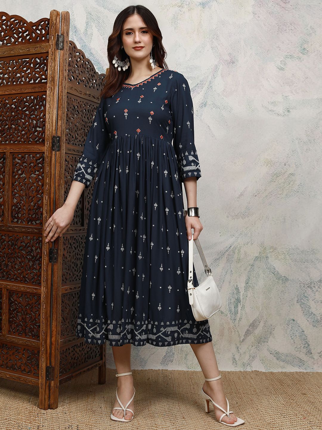 

Vishudh Women Ethnic Motifs Printed A-Line Maxi Dress, Navy blue