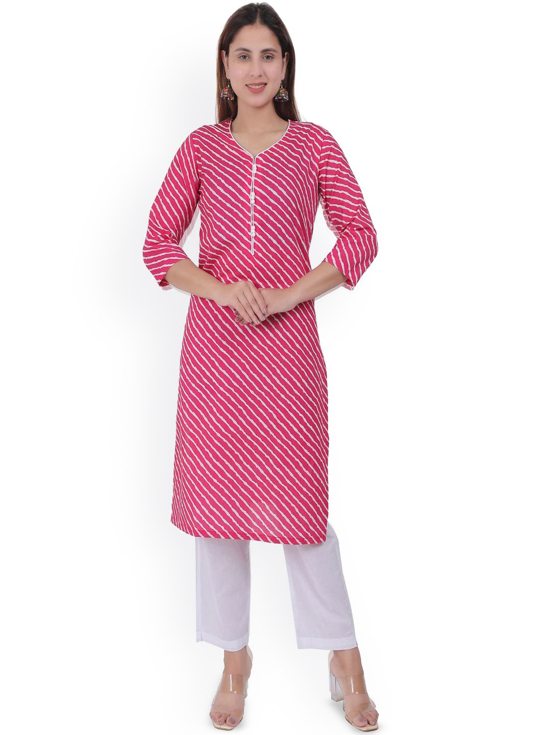 

Anikrriti Leheriya Printed Regular Straight Kurta with Palazzos, Pink