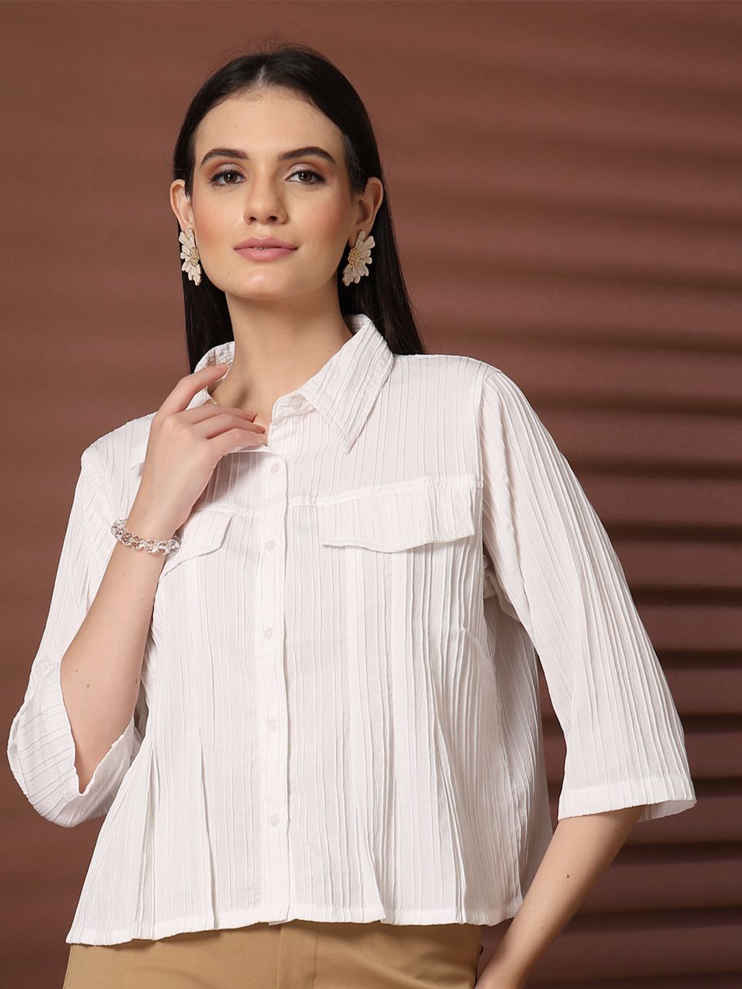 

plusS Women Solid Shirt Collar Three-Quarter Sleeves Shirt Style Top, White