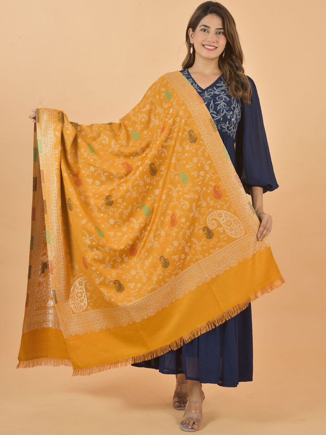 

BAISA Ethnic Motifs Woven Design Shawl, Mustard