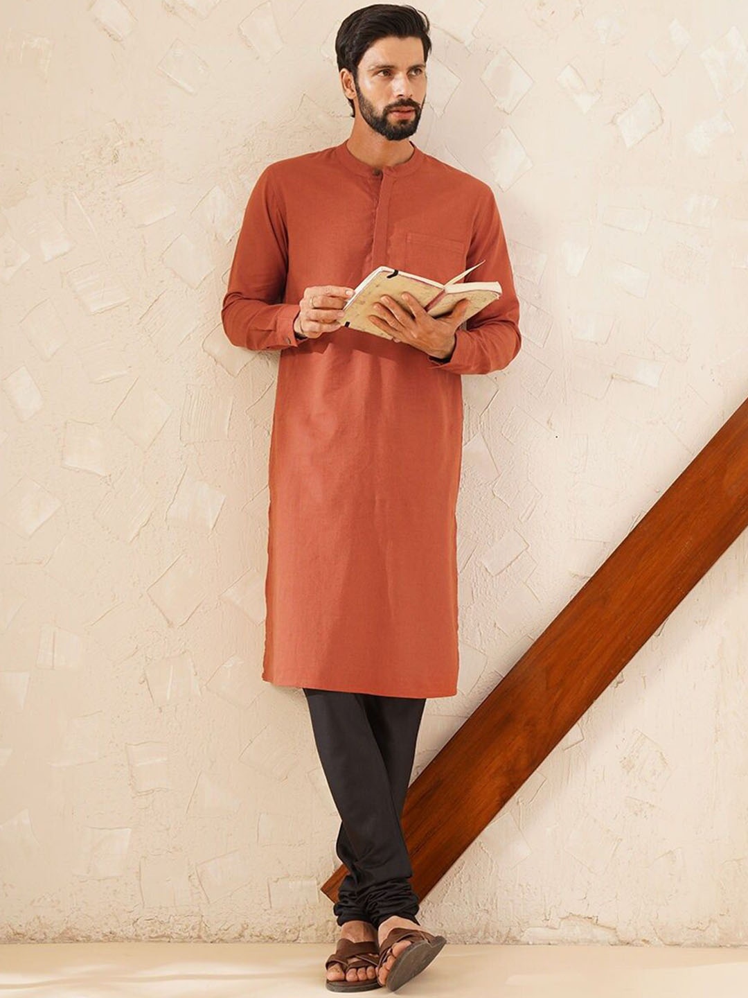

JAYPORE Band Collar Thread Work Straight Kurta, Rust
