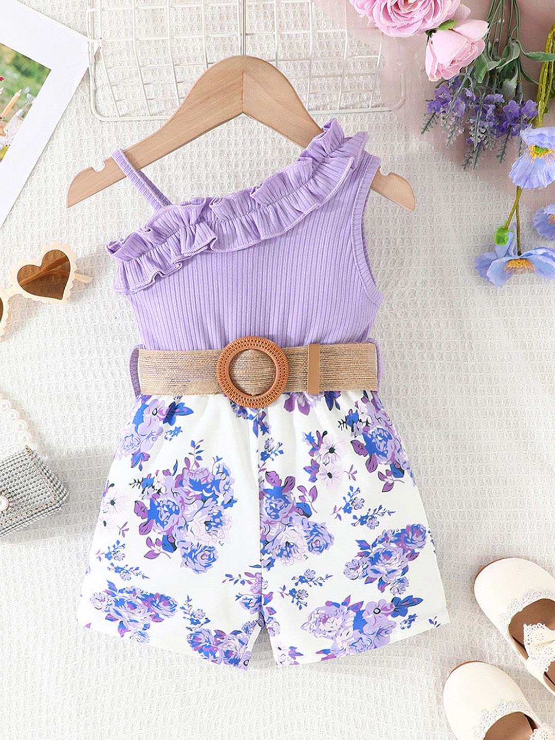 

INCLUD Girls Floral Printed One Shoulder Playsuit, Purple
