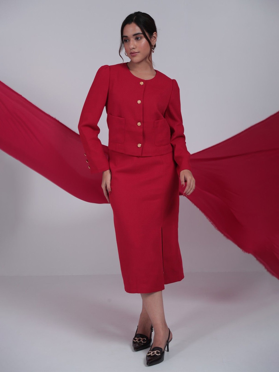

PANKH Women Round Neck Button Detail Coat and Skirt, Red