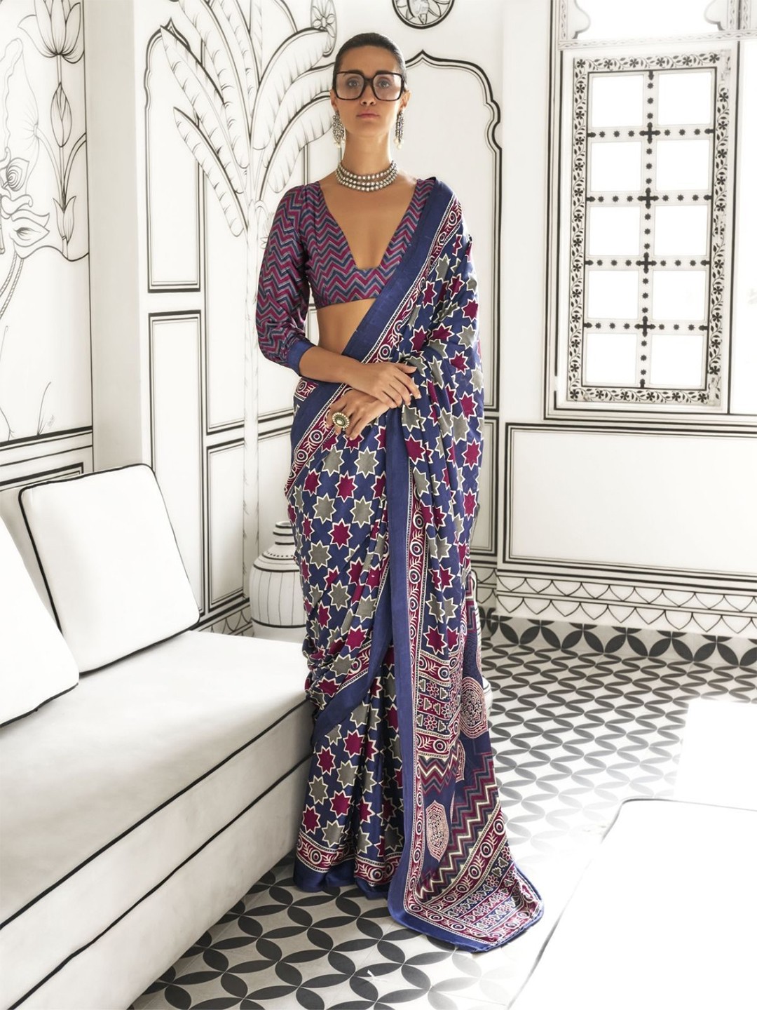

ODETTE Floral Printed Satin Saree With Blouse Piece, Navy blue