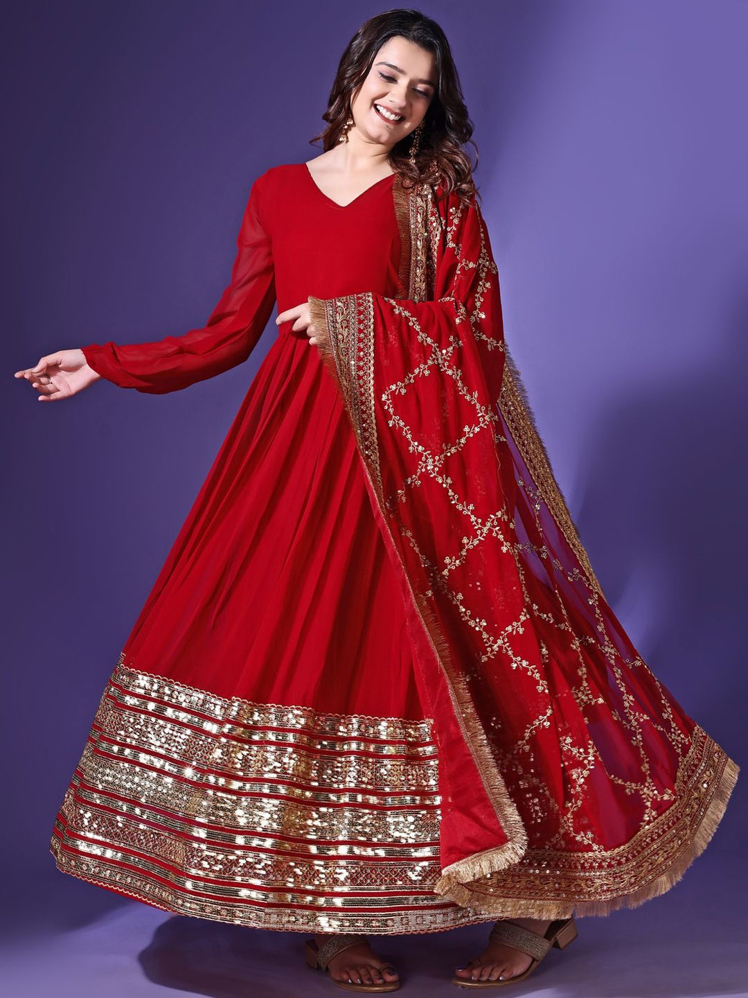 

KALINI V Neck Sequinned Georgette Anarkali Kurta With Dupatta, Maroon