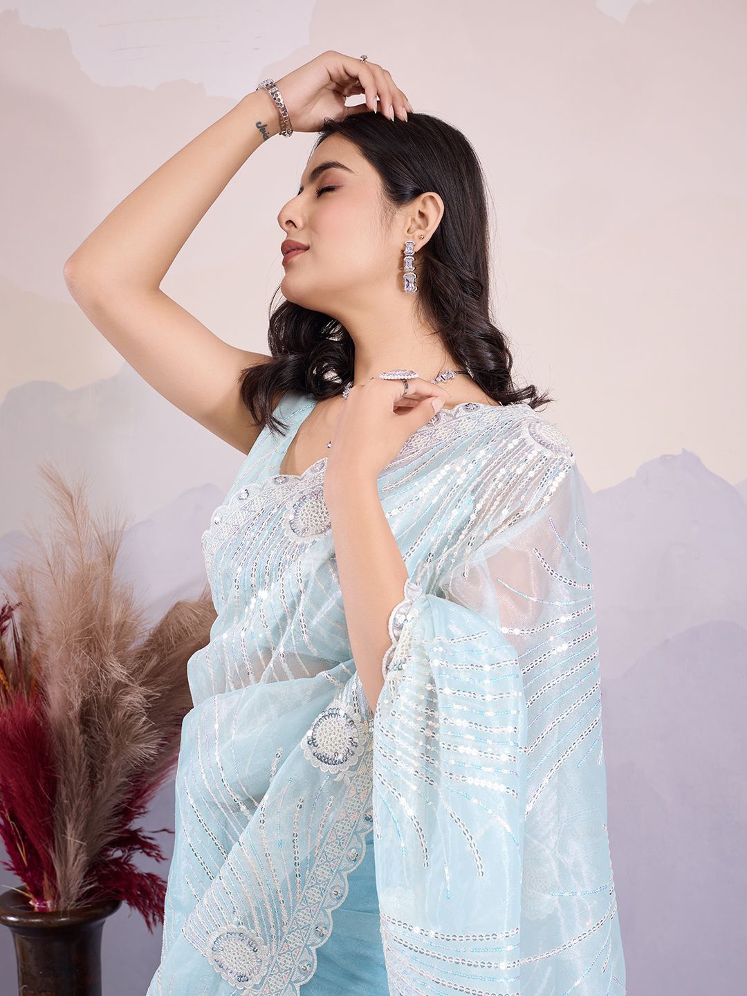 

HERE&NOW Sequinned Net Designer Saree, Blue