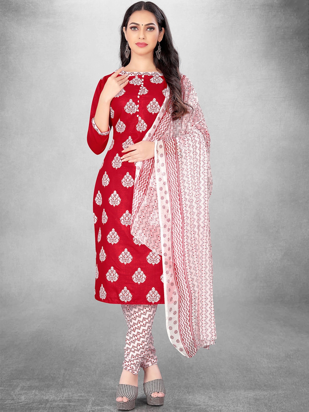 

Maroosh Ethnic Motifs Embellished Cotton Unstitched Dress Material, Red