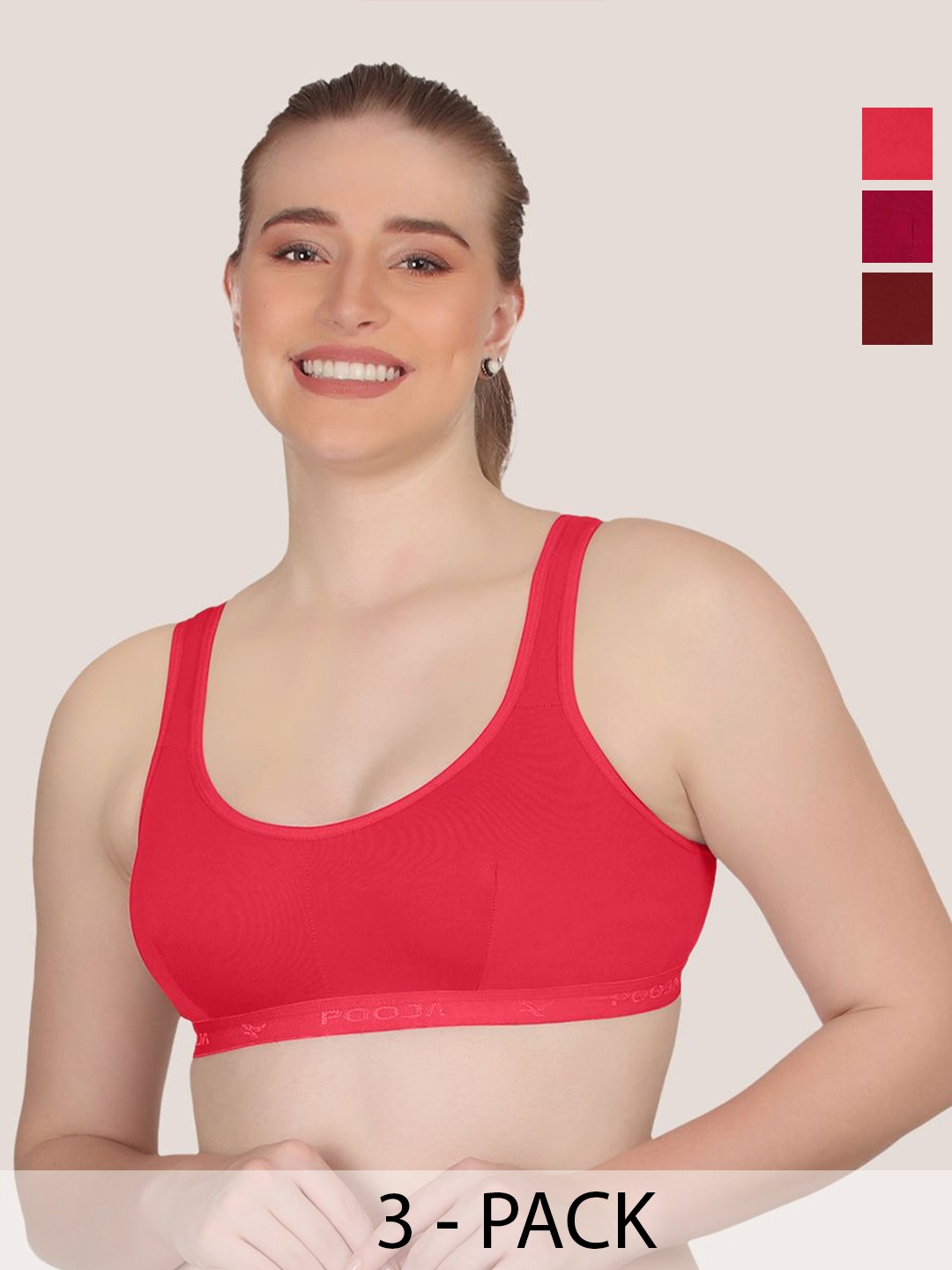 

POOJA RAGENEE Women Pack Of 3 Solid Non Padded Full Coverage Workout Bra, Magenta