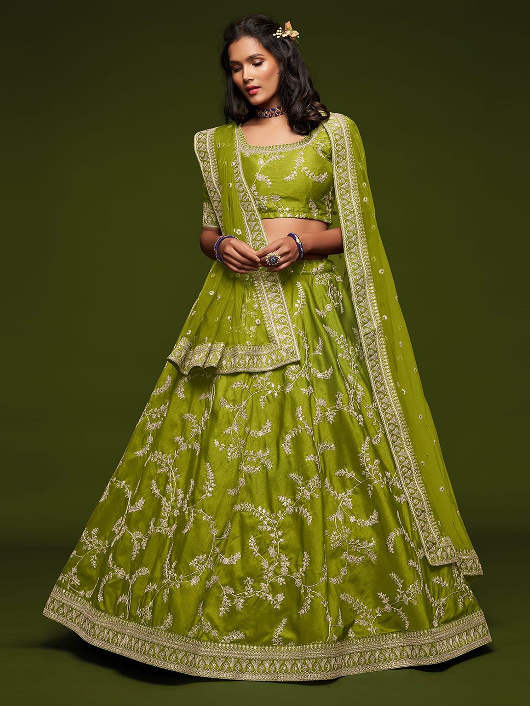 

ODETTE Embroidered Sequinned Semi-Stitched Lehenga & Unstitched Blouse With Dupatta, Green