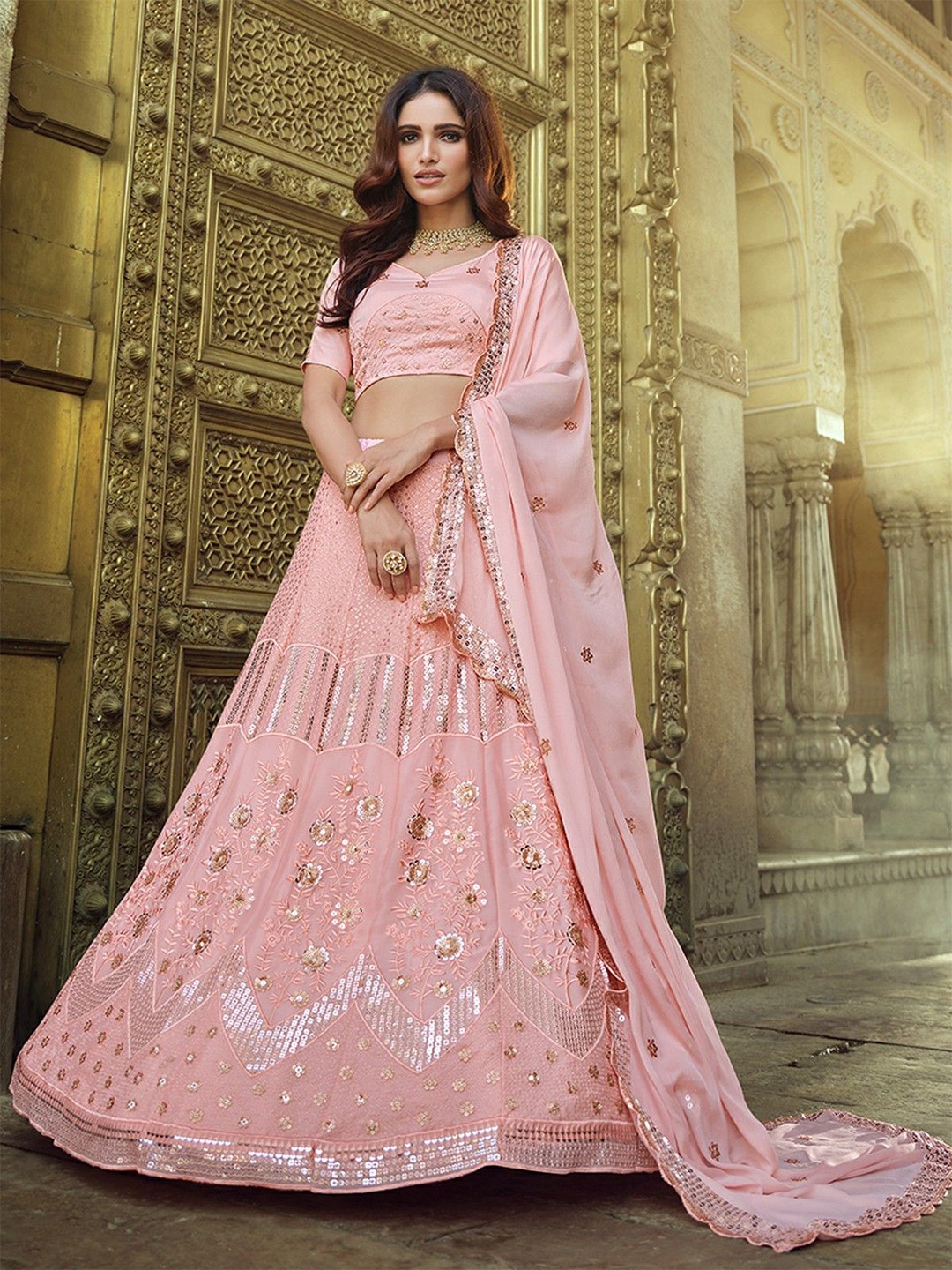 

ODETTE Embellished Sequinned Georgette Semi-Stitched Lehenga & Blouse With Dupatta, Pink