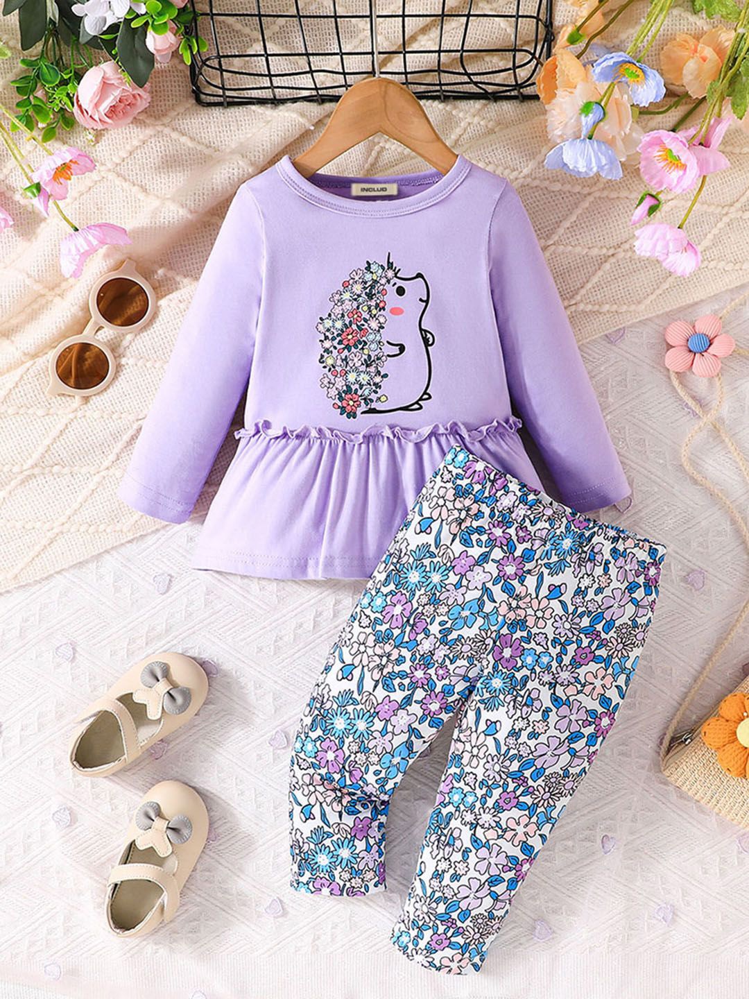 

INCLUD Girls Floral Printed Top With Trousers, Purple