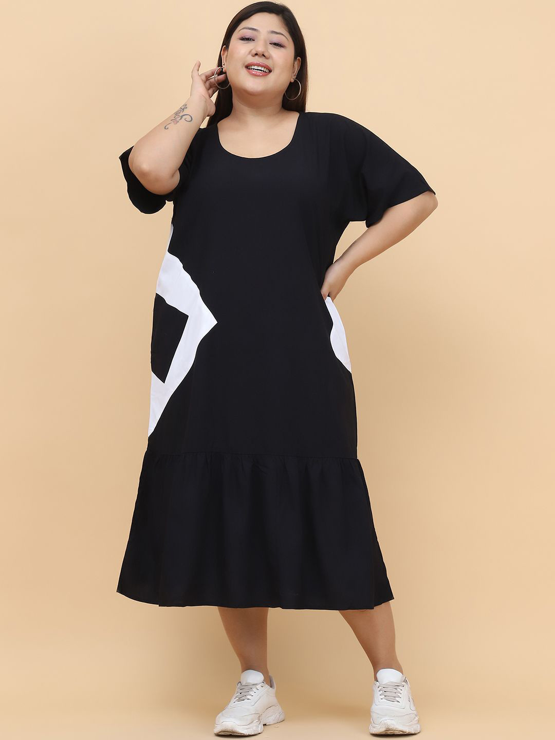 

theRebelinme Women Plus Size Round Neck A-Line Midi Dress, Black