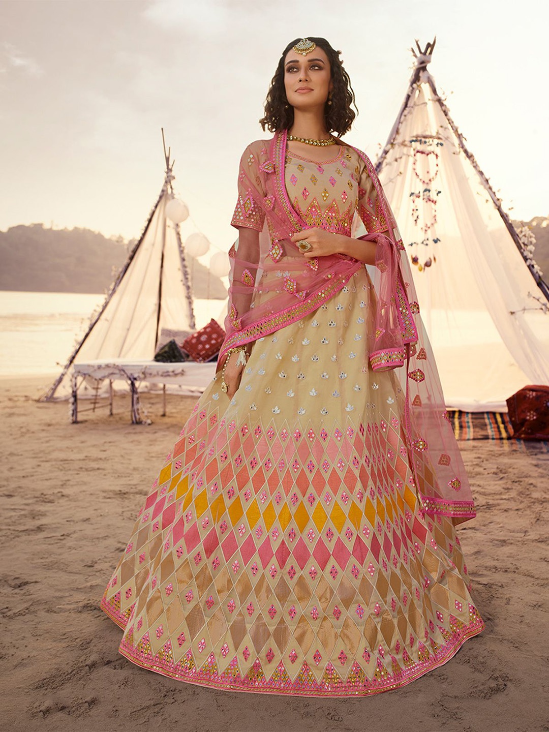 

ODETTE Embroidered Mirror Work Organza Semi-Stitched Lehenga & Blouse With Dupatta, Beige