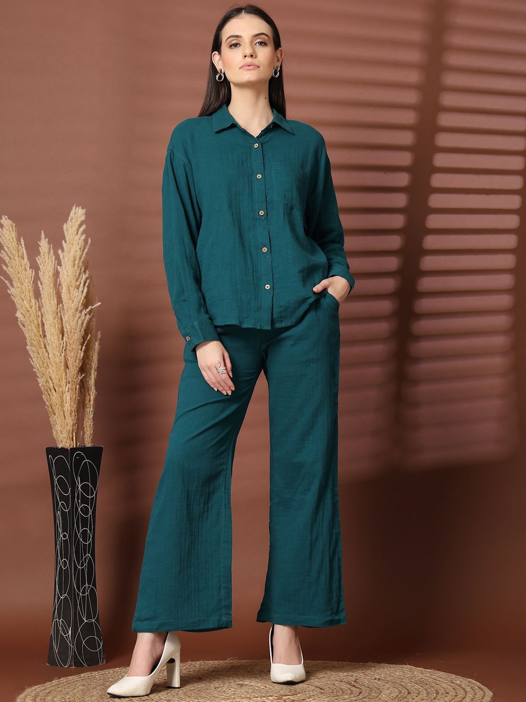 

plusS Long Sleeves Pure Cotton Shirt With Trouser, Teal