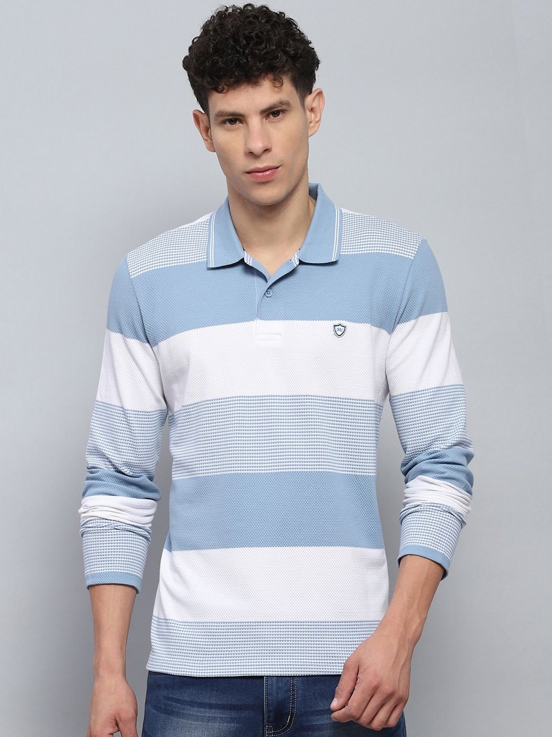 

Monte Carlo Men Striped Polo Collar Cotton T-shirt, Blue