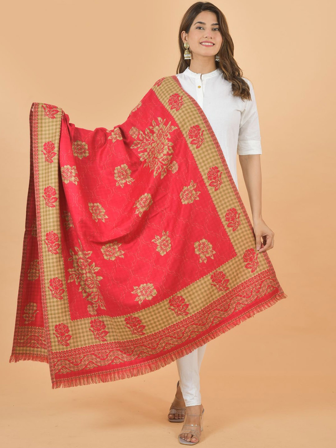 

BAISA Ethnic Motifs Woven Design Woollen Reversible Shawl, Pink