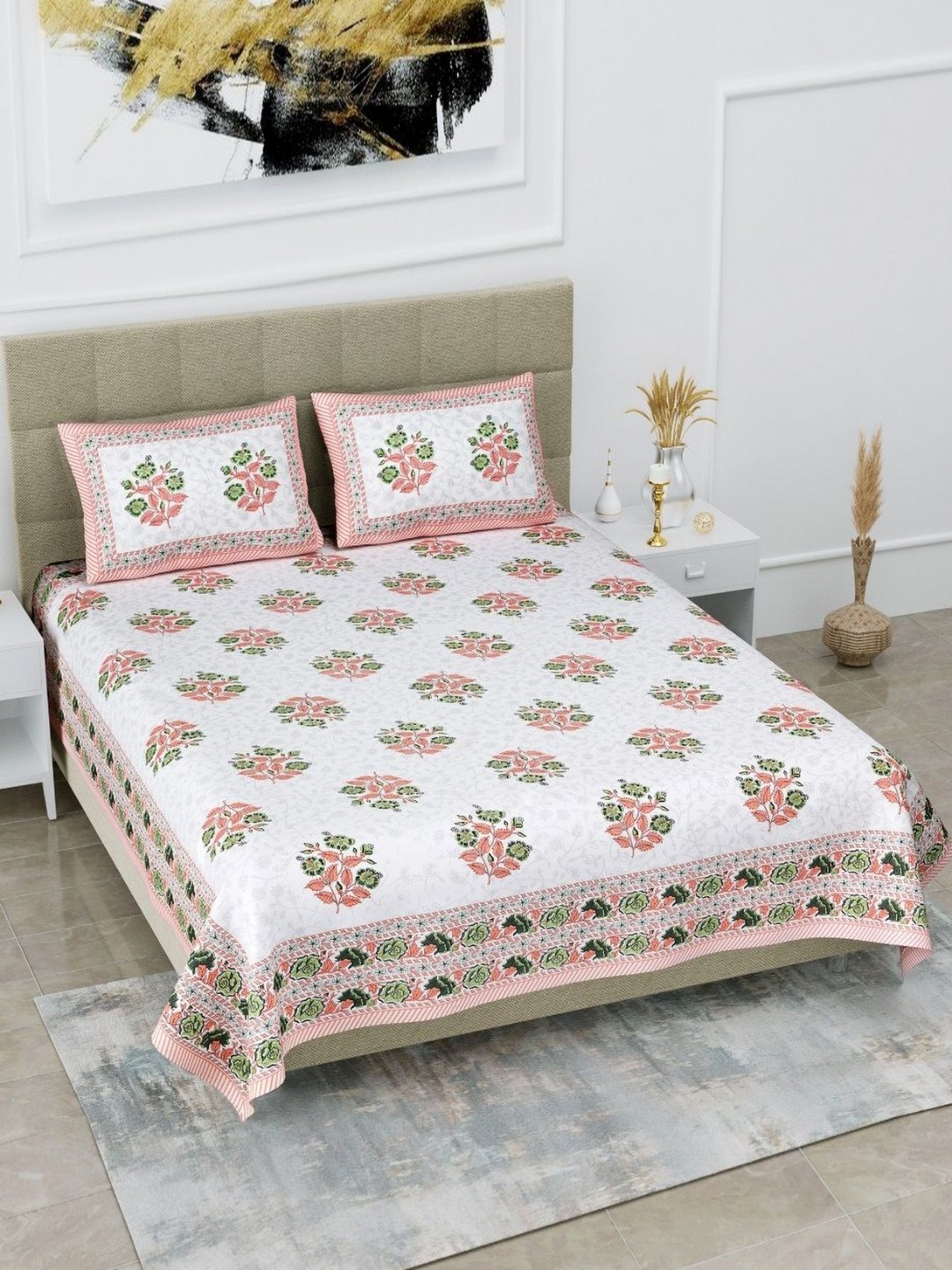

HOMELINE Orange Colored Floral Printed Cotton 180 TC King Bedsheet Set 2.74 x 2.54m