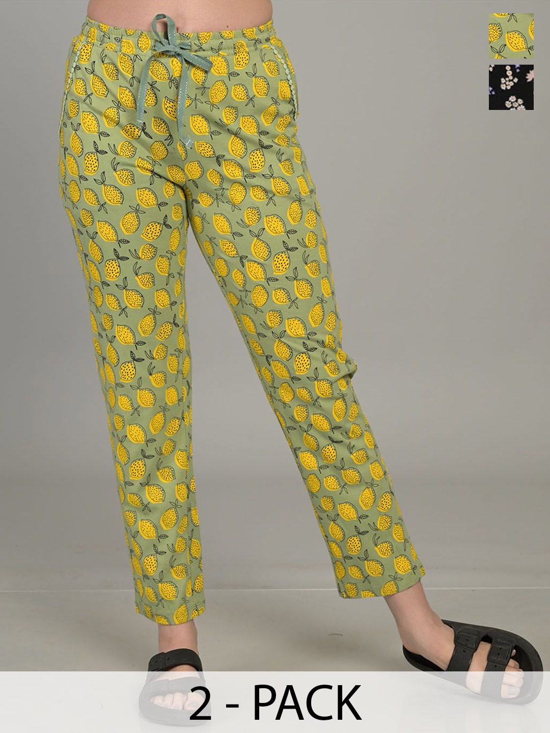 

MAYSIXTY Pack Of 2 Cotton Mid- Rise Printed Lounge Pants, Black
