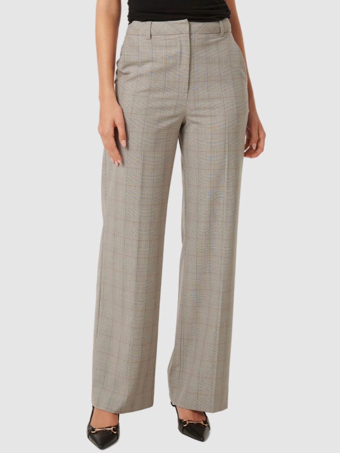 

Forever New Women Checked Straight Fit High-Rise Trousers, Grey