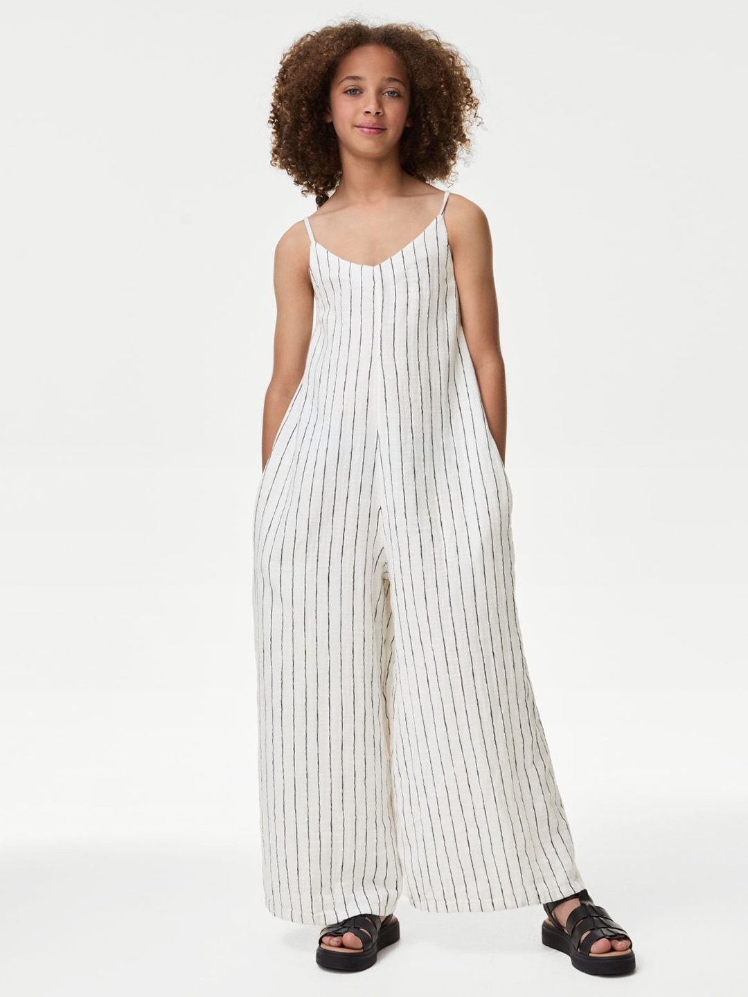

Marks & Spencer Girls Pure Cotton Striped Wide Leg Jumpsuit, White