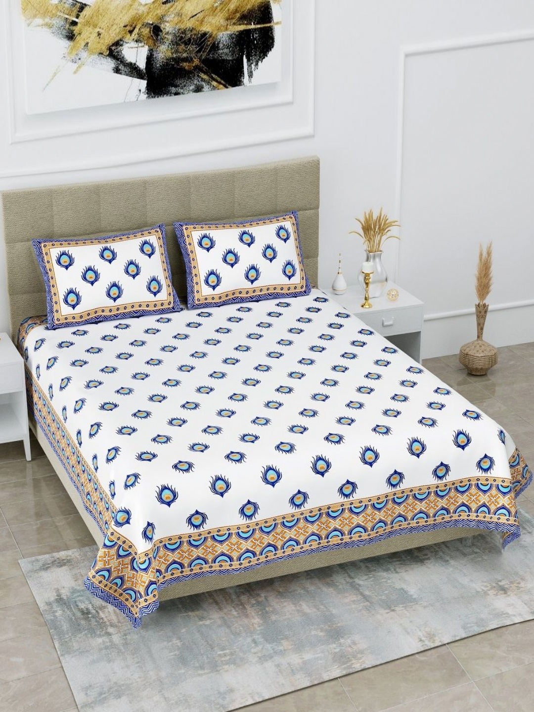 

HOMELINE Blue & White Ethnic Motifs Printed Cotton 180 TC King Bedsheet Set 2.74 x 2.54m