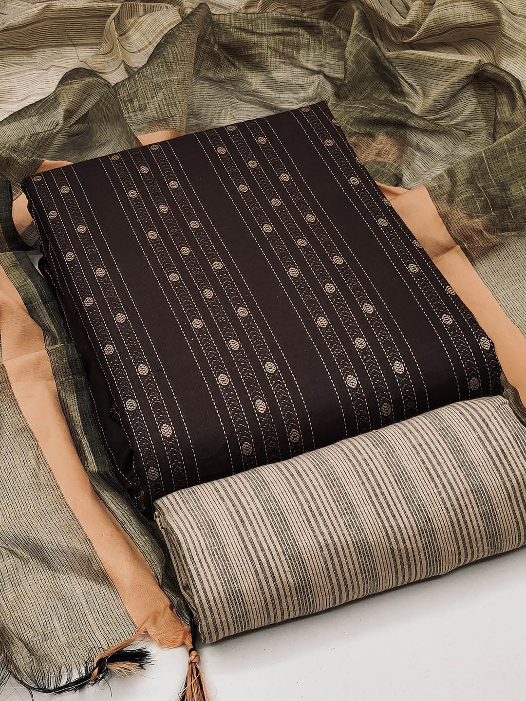 

Maroosh Striped Woven Design Unstitched Dress Material, Brown