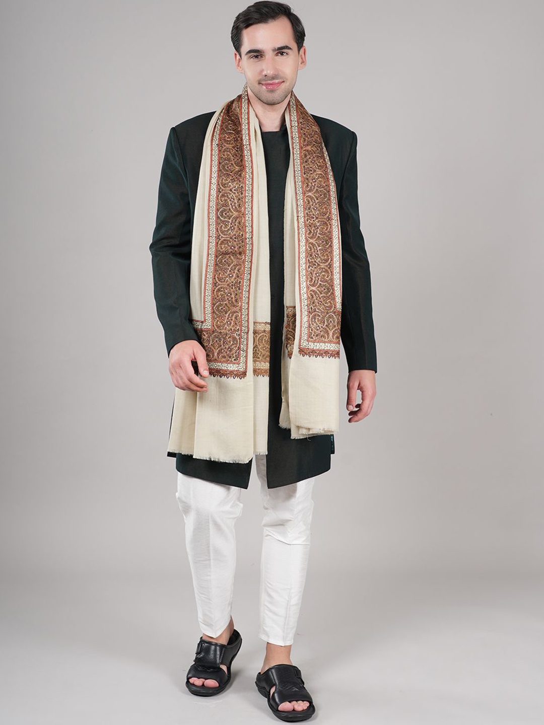 

MUFFLY Ethnic Motifs Printed Pashmina Woollen Shawl, Cream