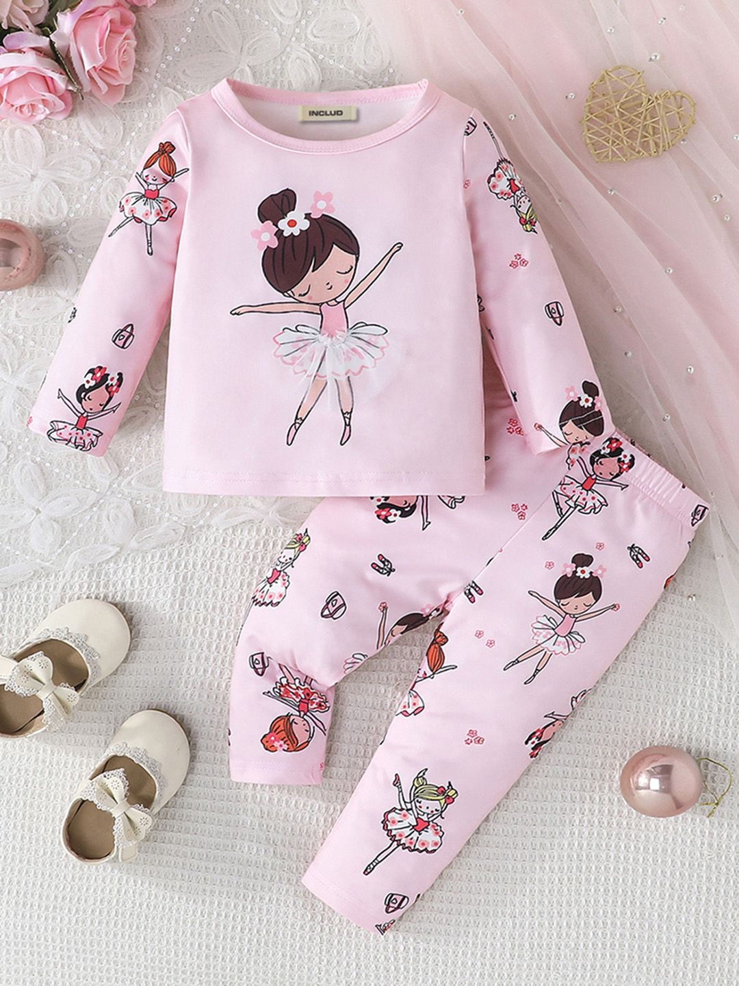 

INCLUD Girls Graphic Printed T-shirt With Trousers, Pink