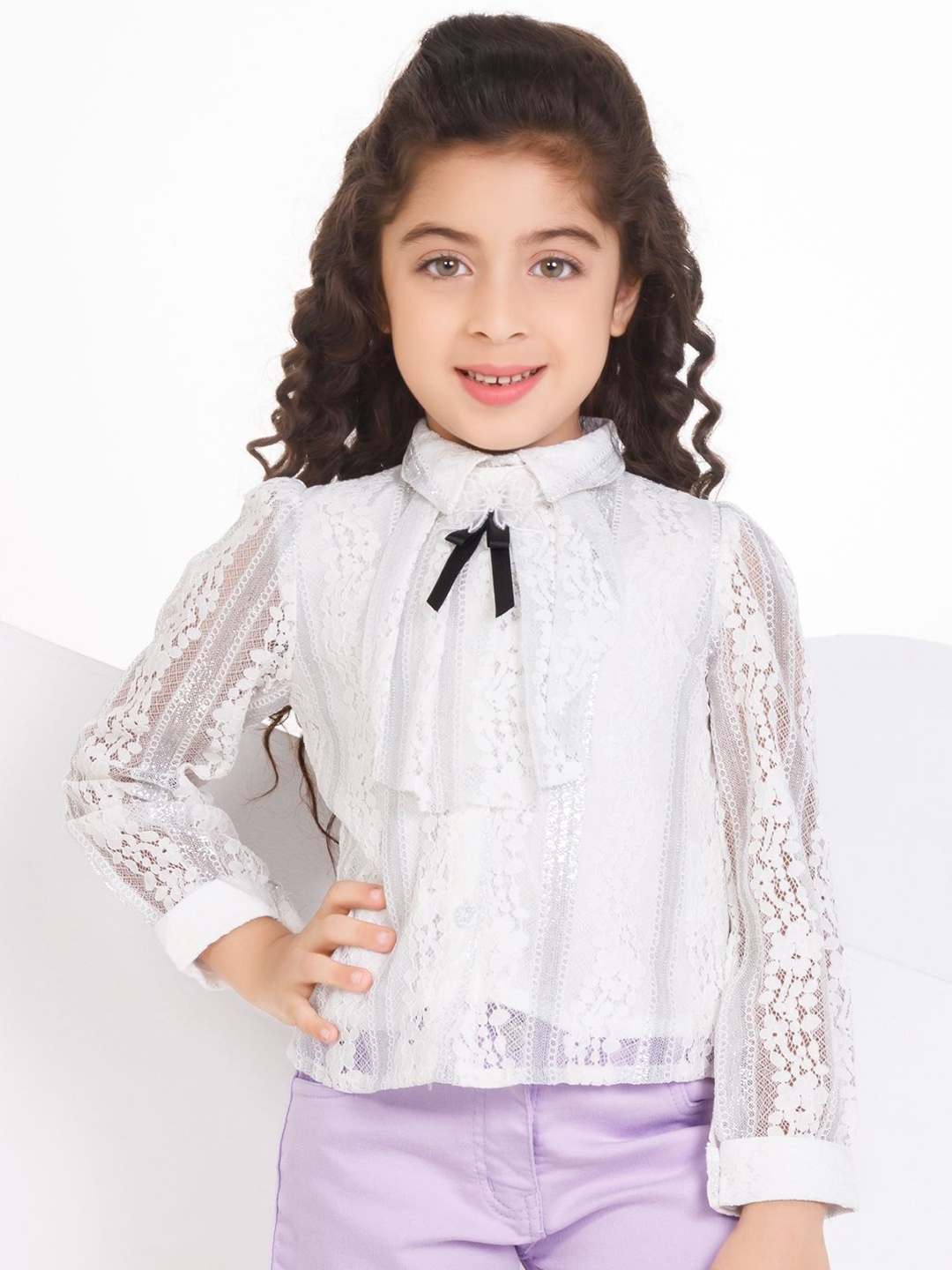 

Peppermint Girls Shirt Collar Cuffed Sleeves Top, White