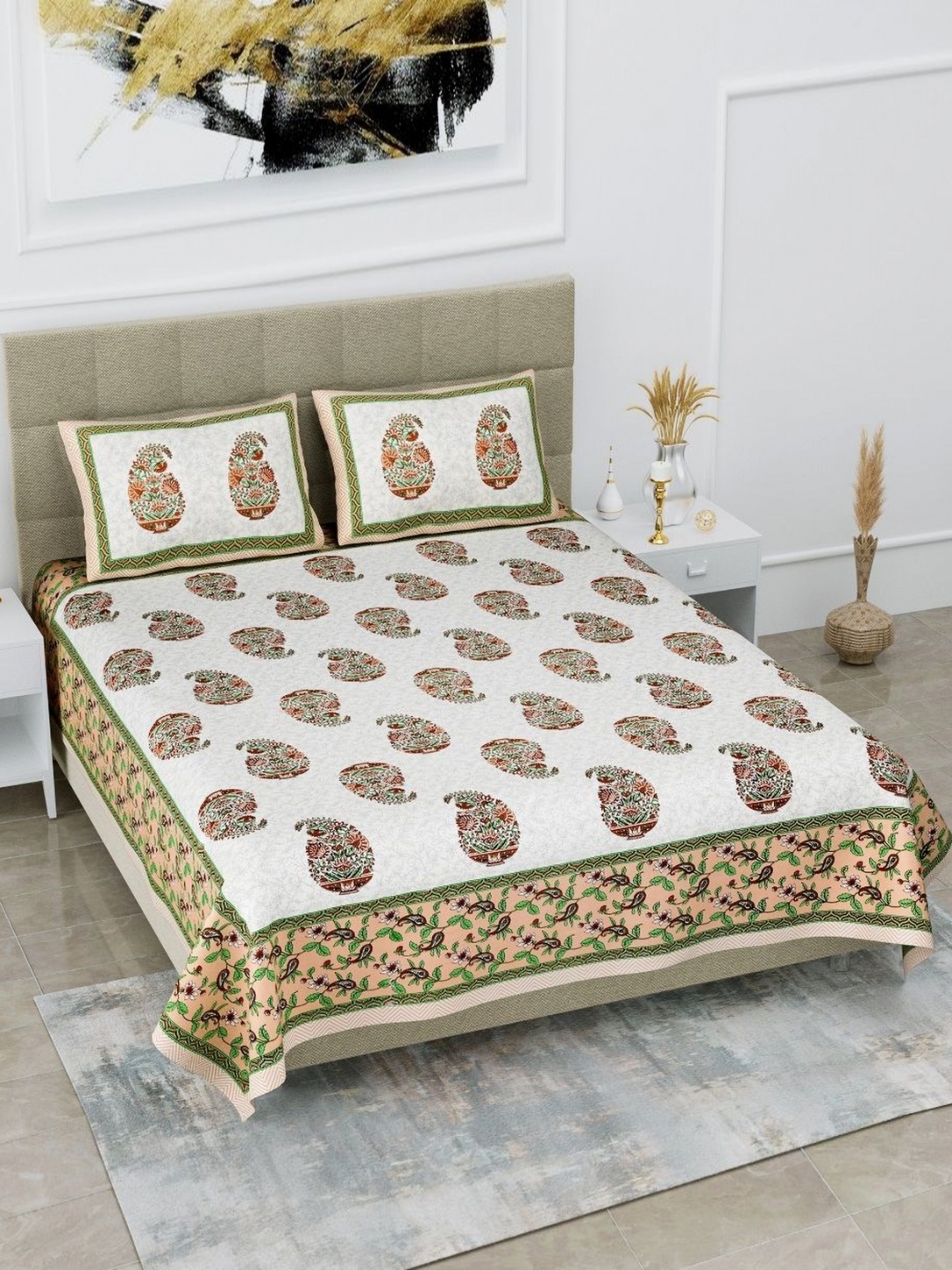 

HOMELINE Brown & White Ethnic Motifs Printed Cotton 180 TC King Bedsheet Set 2.74 x 2.54m