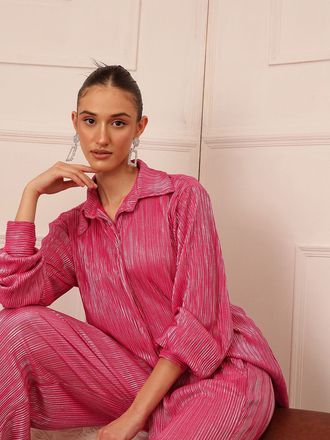 

Molly & Michel Women Spread Collar Vertical Striped Satin Party Shirt, Pink