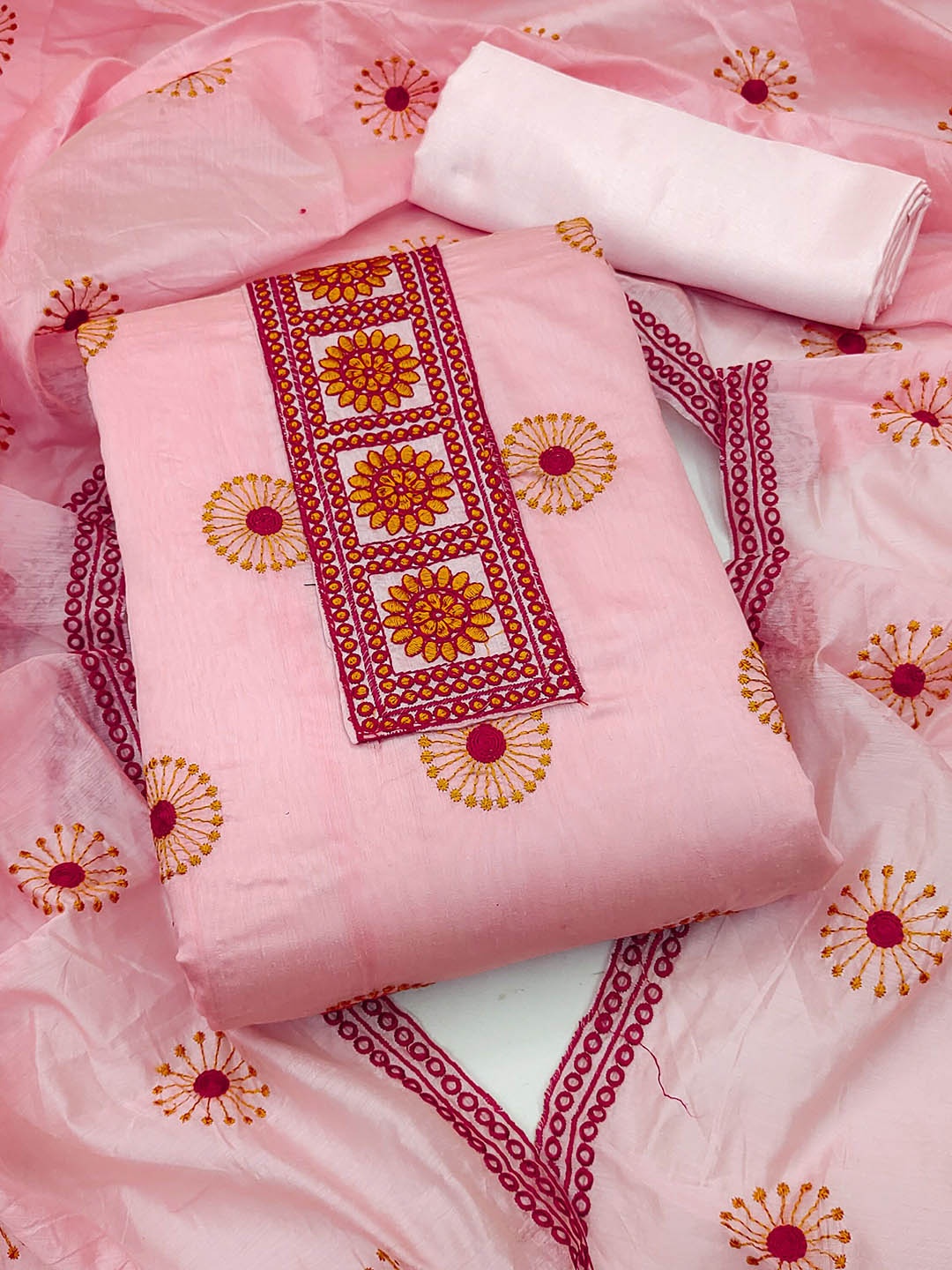

Maroosh Floral Embroidered Thread Work Unstitched Dress Material, Pink