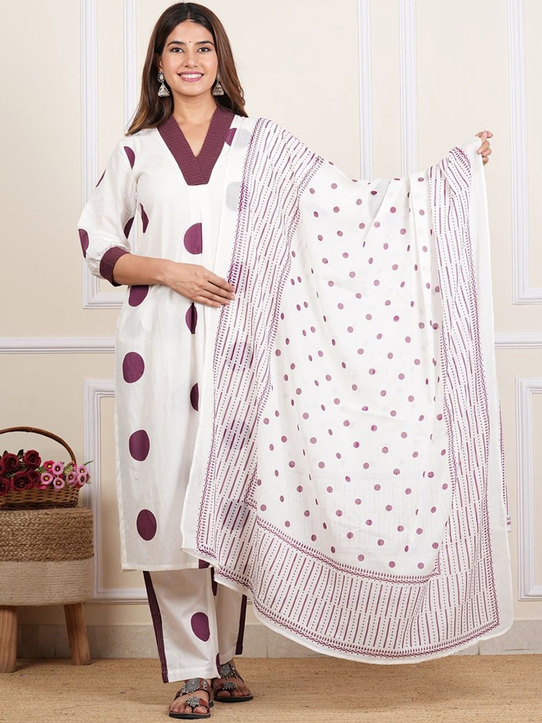 

YASH GALLERY Polka Dot Printed V-Neck Pure Cotton Straight Kurta With Trousers & Dupatta, White