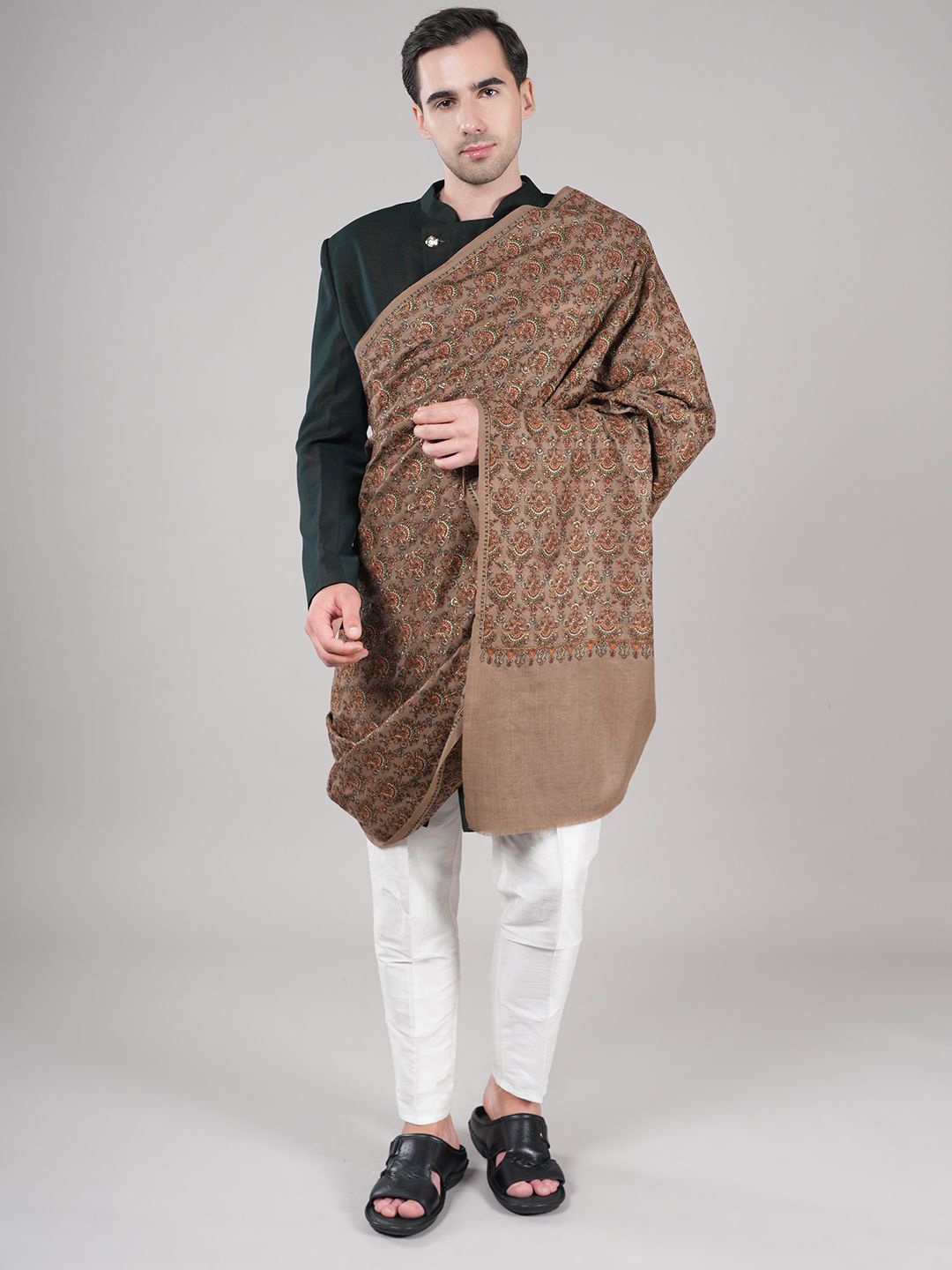 

MUFFLY Floral Printed Woollen Shawl, Brown