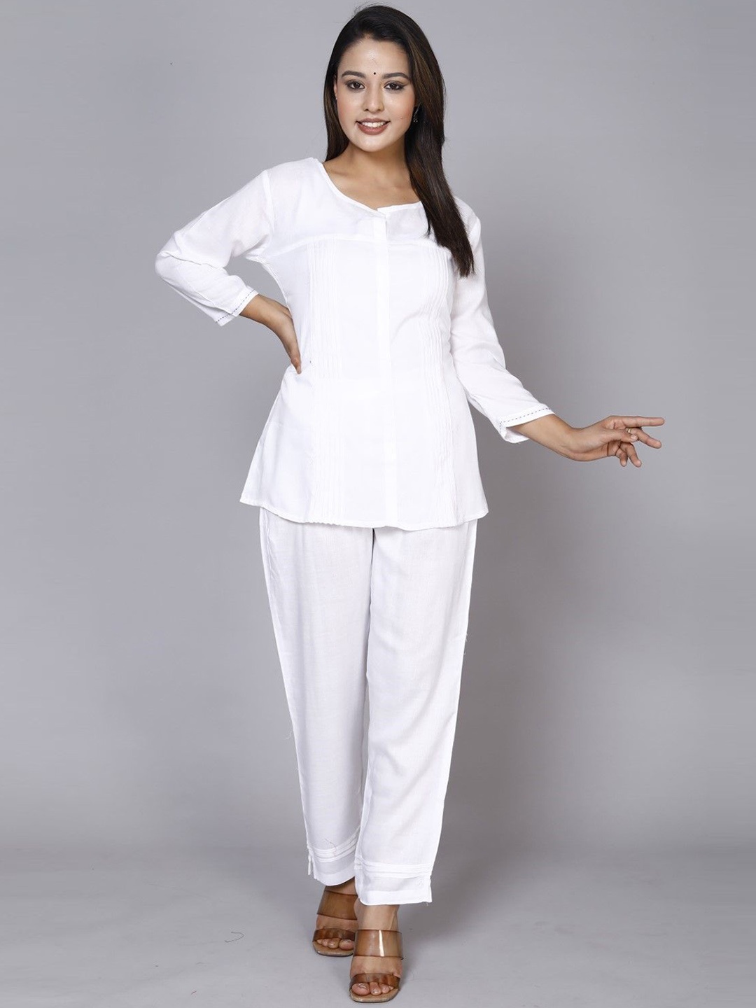 

ANTU KURTIES Round Neck Top With Trouser, White