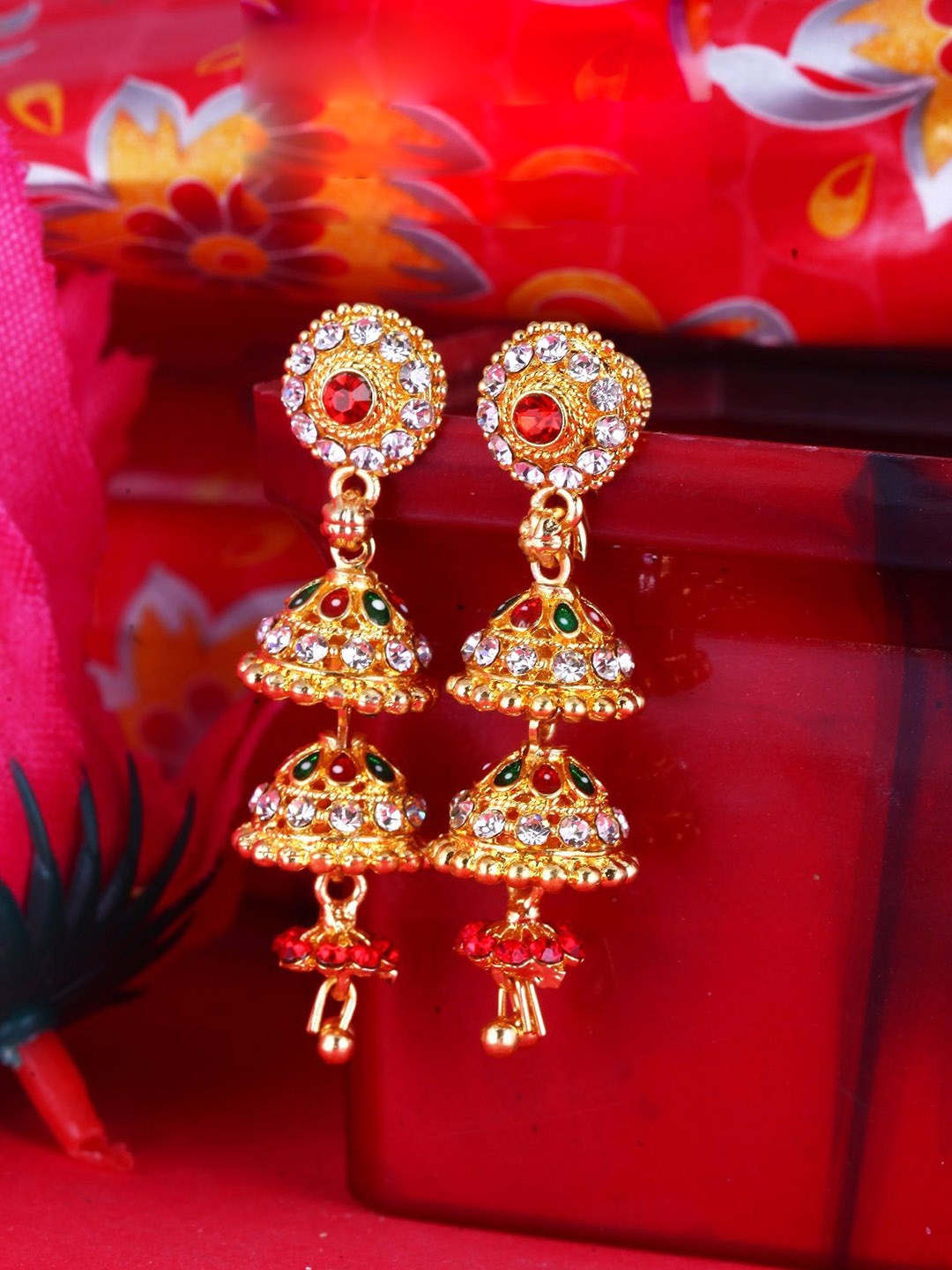 

Vighnaharta Gold-Plated Cubic Zirconia Stone Studded Dome Shaped Jhumkas