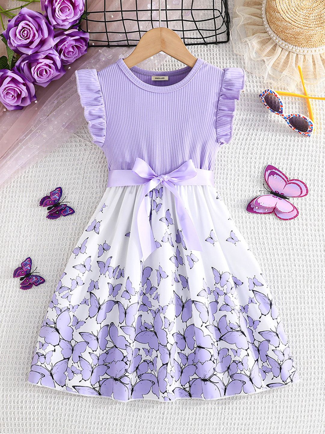 

INCLUD Girls Printed Flutter Sleeve Fit & Flare Dress, Purple