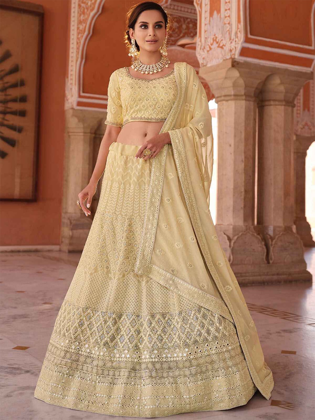 

ODETTE Embroidered Sequinned Georgette Semi-Stitched Lehenga & Blouse With Dupatta, Cream