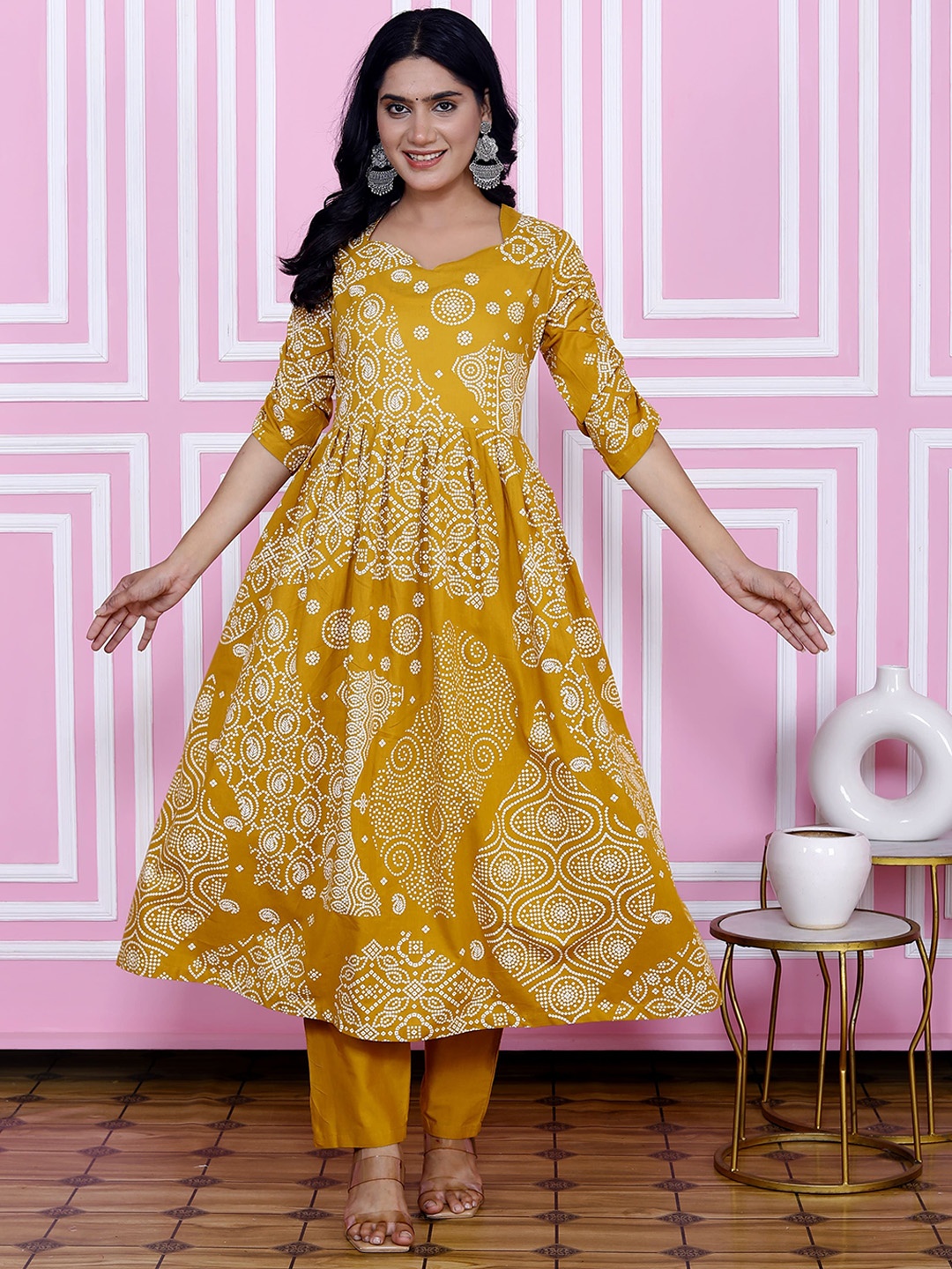 

Shriji fashion Bandhani Printed Pure Cotton Anarkali Kurta With Trouser & Dupatta, Yellow