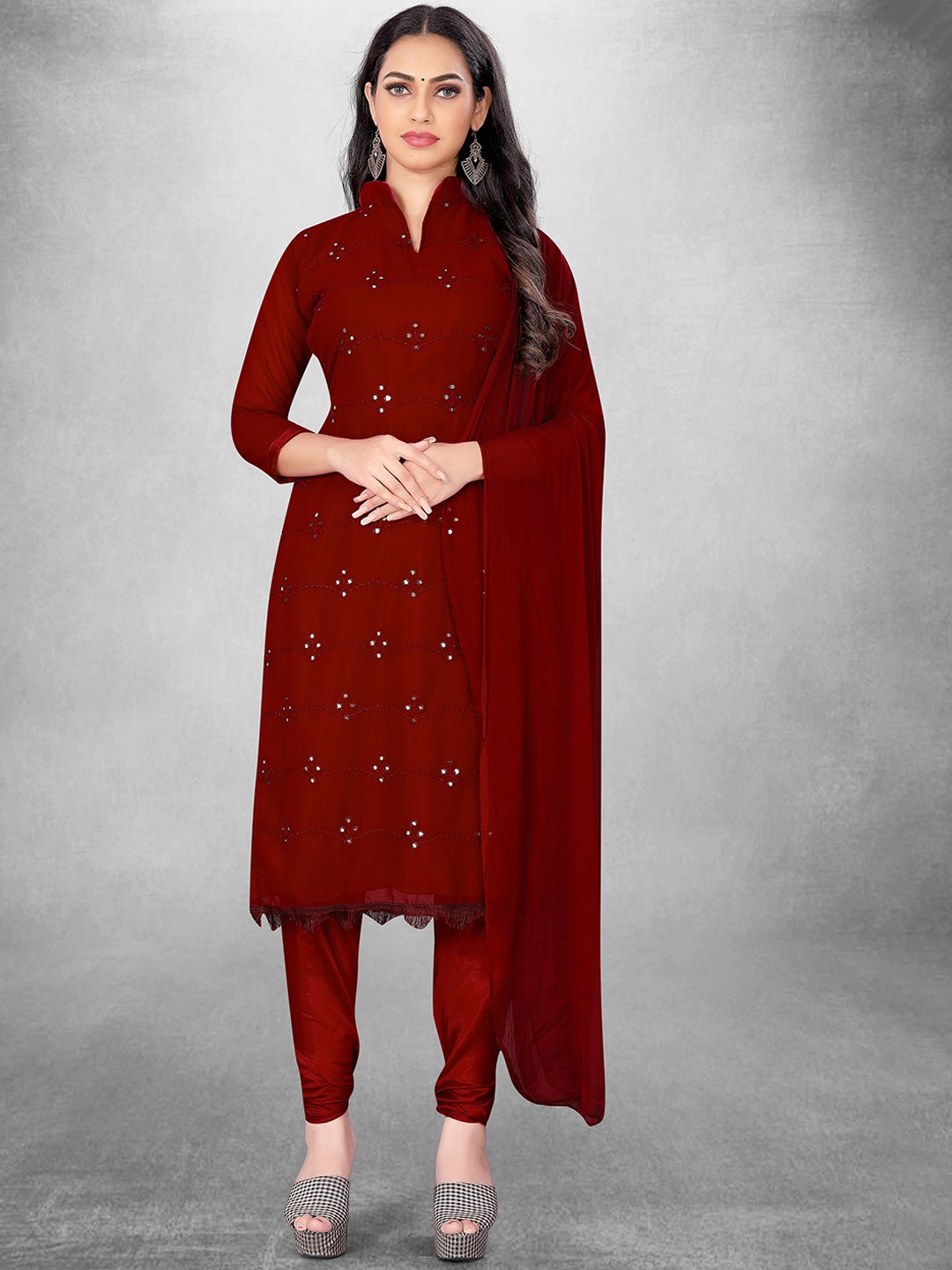 

Maroosh Floral Embroidered Mirror Work Unstitched Dress Material, Maroon