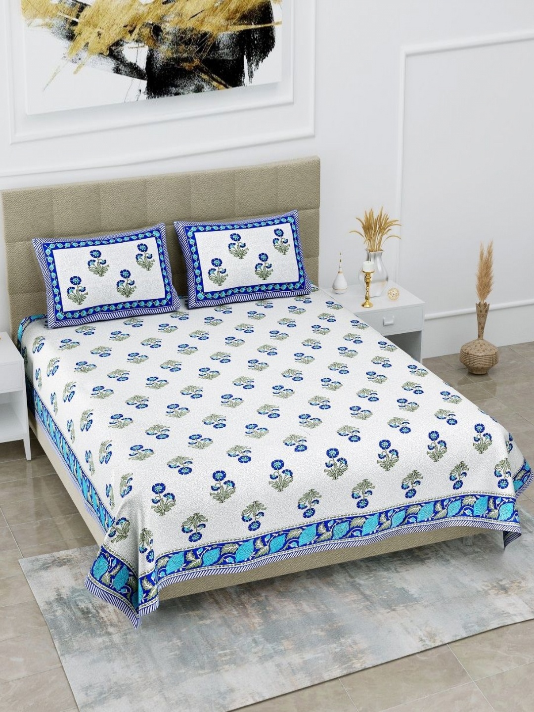

HOMELINE Blue & White Floral Printed Cotton 180 TC King Bedsheet Set 2.74 x 2.54m