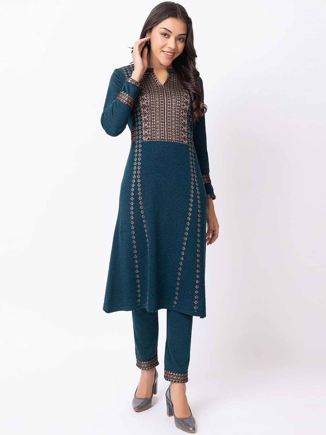 

KEIKO Ethnic Motifs Woven Design Printed Regular Kurta with Trousers, Teal