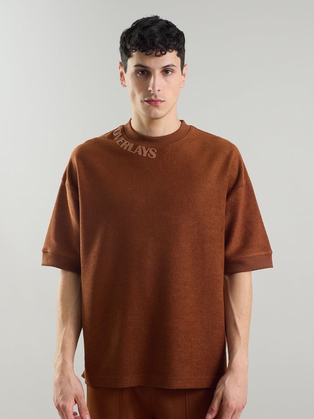 

Overlays Men Typography Printed Round Neck Cotton Oversized T-shirt, Brown