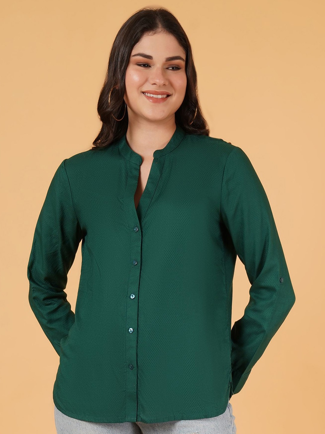 

IX IMPRESSION Self Design Mandarin Collar Shirt Style Top, Green